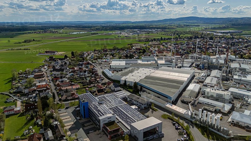 Industrial building scene next to a cityscape with a wide view of fields and sky, Mitterteich, Upper Palatinate, Bavaria, Germany, Europe