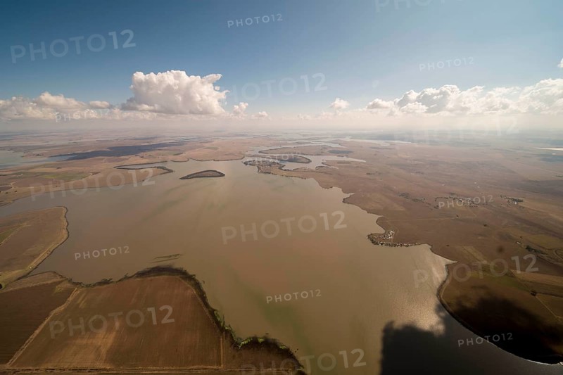 Dam, Water supply and power supply Johannesburg, Water, Cumulus clouds, Agricultural land, Vaal Dam, Free State, South Africa, Africa