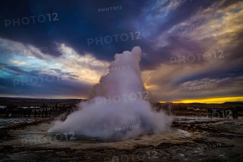 Geysir geyser and sunrise Iceland. Shooting Location: Iceland, Reykjavik