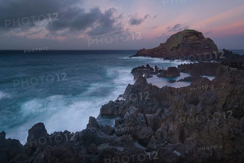 Mole islet landscape in Porto Moniz in Madeira at sunset