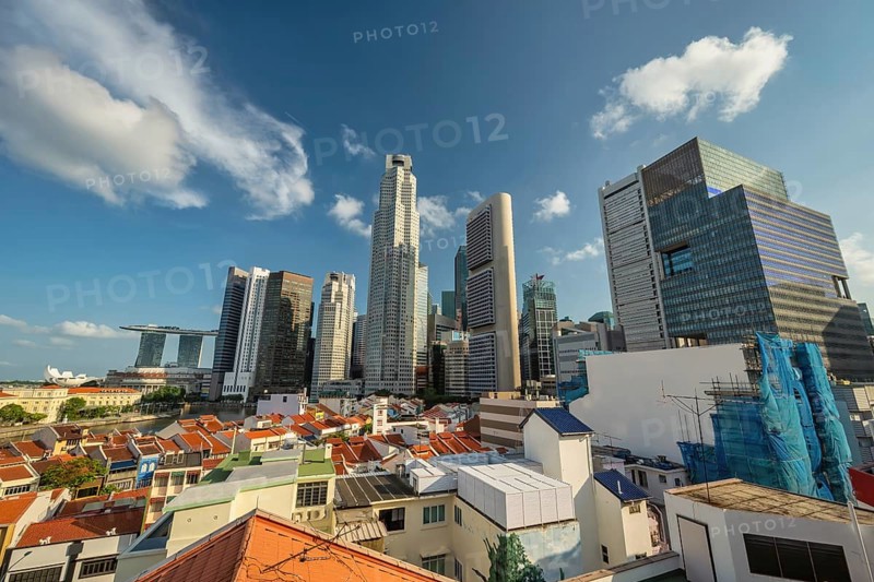 Singapore high angle view sunrise city skyline at Boat Quay and Clarke Quay waterfront business district