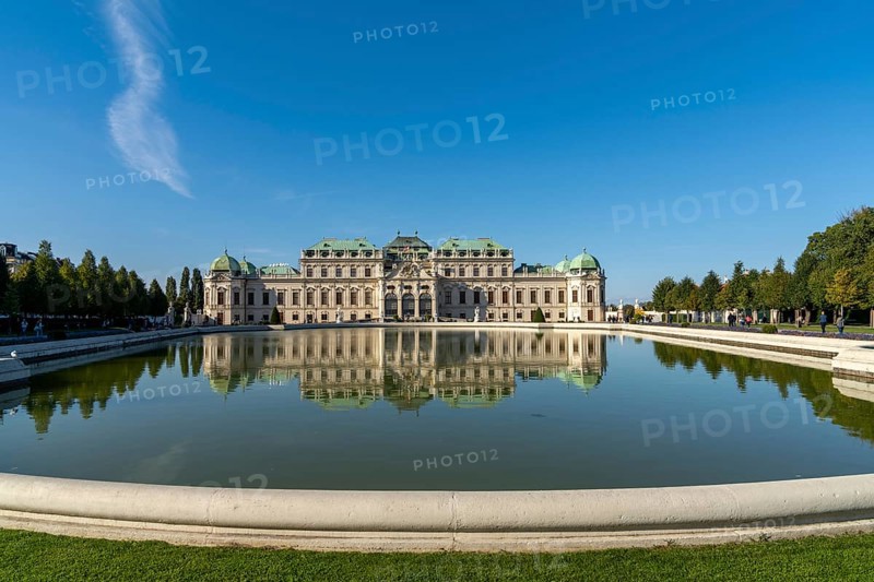 Vienna, Austria, 22 September, 2022: view of the Upper Belvedere Palace in downtown Vienna with reflections in the fountain pool, Europe