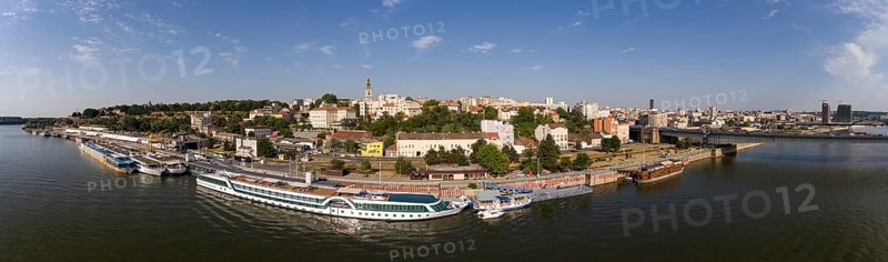 Aerial panorama Belgrade cityscape from Sava river in Serbia at summer evening