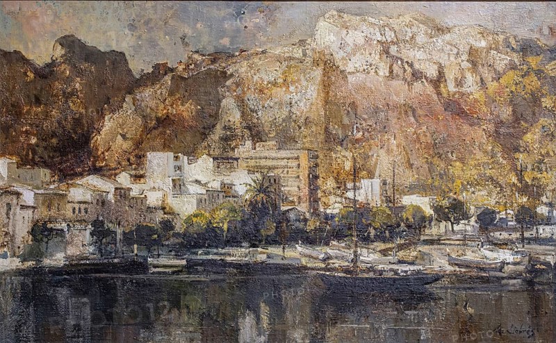 Sunset in Puerto de Pollensa, Miquel Llabres, 1968, oil on canvas, pollensa museum, Majorca, Balearic Islands, Spain, Europe