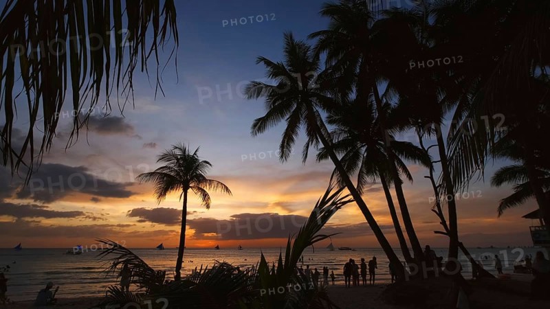 Silhouetted people and palms near sea. Sunset at tropical White beach, Boracay island, Philippines, Asia