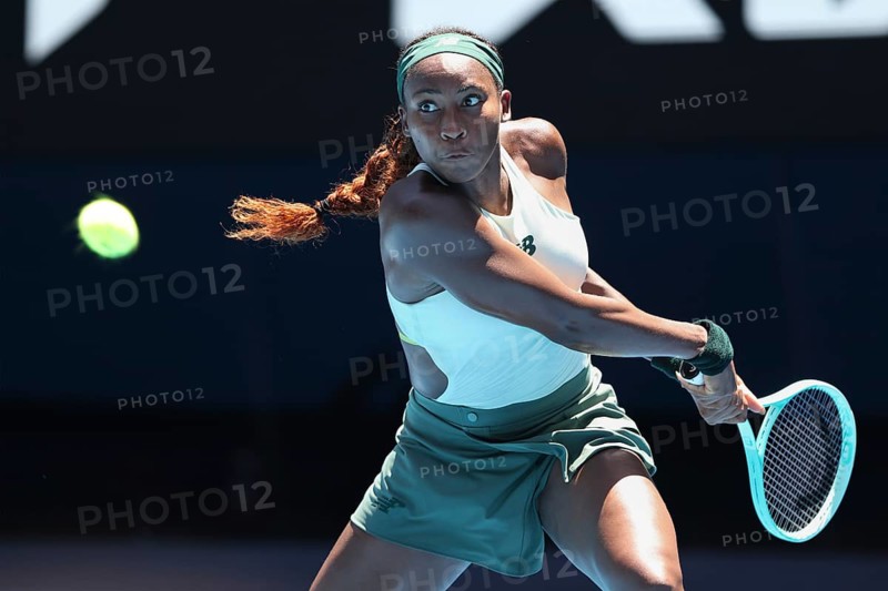 American tennis player Coco Gauff (USA) playing a backhand shot at the Australian Open 2025 tournament, Melbourne Park, Melbourne, Victoria, Australia, Oceania