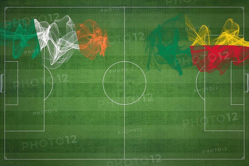 Ireland vs Benin Soccer Match, national colors, national flags, soccer field, football game, Competition concept, Copy space