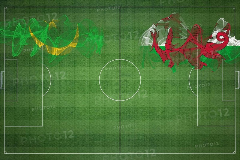 Mauritania vs Wales Soccer Match, national colors, national flags, soccer field, football game, Competition concept, Copy space