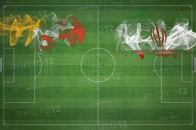 Bhutan vs Iran Soccer Match, national colors, national flags, soccer field, football game, Competition concept, Copy space