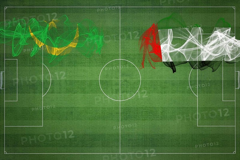 Mauritania vs United Arab Emirates Soccer Match, national colors, national flags, soccer field, football game, Competition concept, Copy space