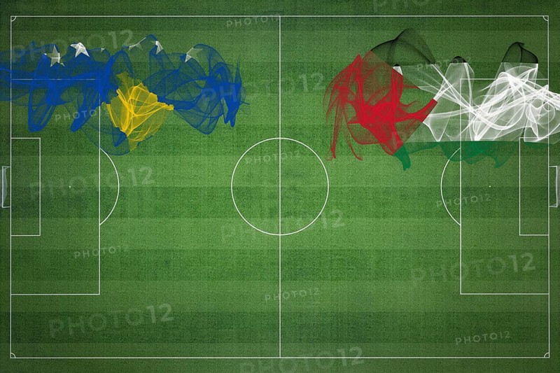 Kosovo vs Palestine Soccer Match, national colors, national flags, soccer field, football game, Competition concept, Copy space