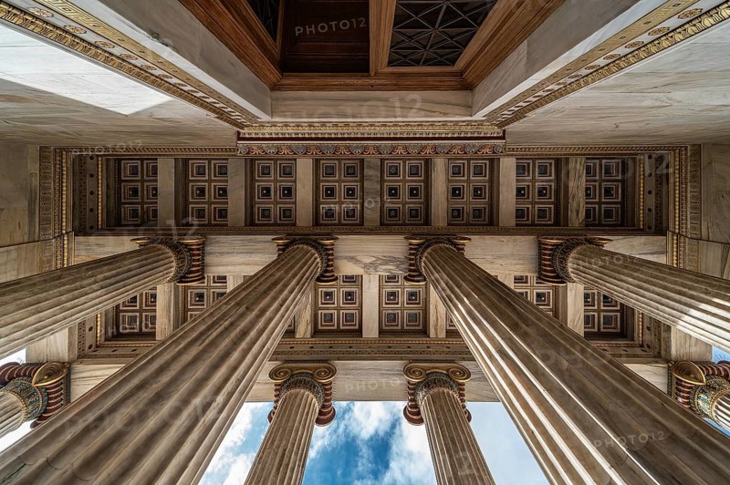 Athens Old Town, Attica, Greece, 12 28 2019 View over the pilars and ceiling at the entrance of the Academy Athens, Europe