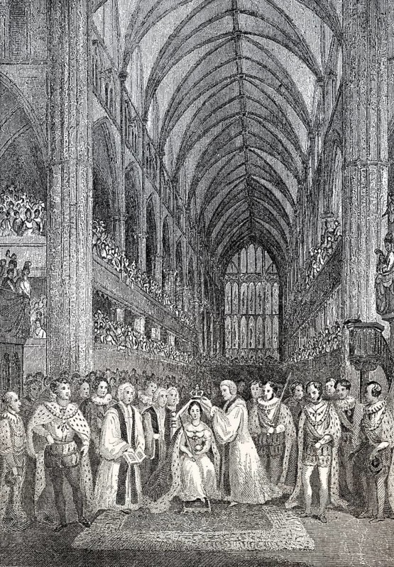 The coronation of Queen Victoria, 1838, ceremony at Westminster Abbey, Victoria or Alexandrina Victoria, 1819 - 1901, Queen of the United Kingdom of Great Britain and Ireland, Empress of India