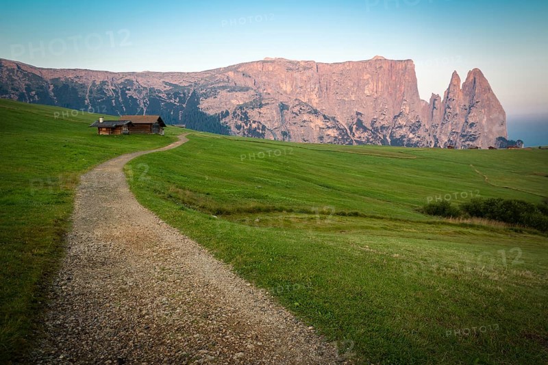 Hiking trail with Schlern mountain, Seiser Alm, South Tyrol, Italy, Europe