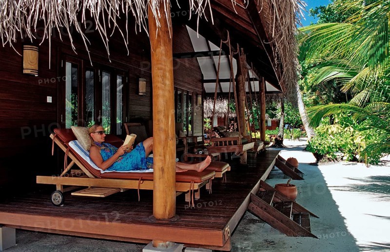 Terrace of beach bungalow, Maldives, Indian Ocean, Medhufushi, Meemu Atoll, Asia