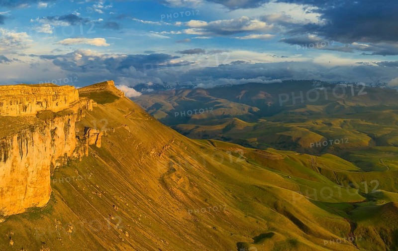 Aerial view of plateau Bermamyt and hills at sunset, North Caucasus mountains, Russia, Europe