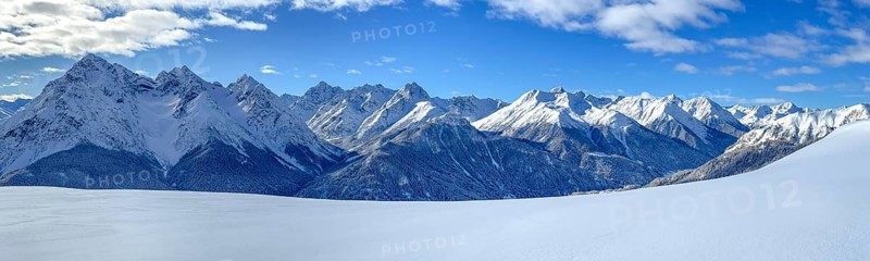 Motta Naluns ski area, view of the Lower Engadine towards the Upper Engadine, Scuol, Engadine, Grisons, Switzerland, Europe