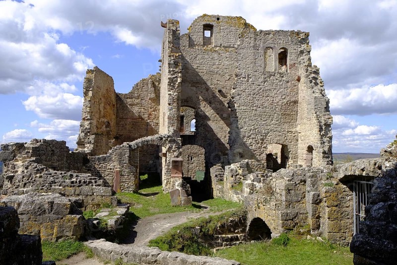Homburg castle ruins and Homburg ruins nature reserve with the largest contiguous dry grassland in Germany and steppe heath forest on Hohhafter Berg near Gössenheim and Karsbach, Lower Franconia, Franconia, Bavaria, Germany, Europe