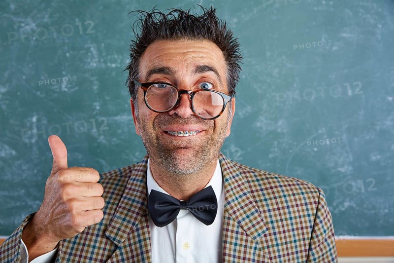 Nerd silly retro teacher man with braces funny expression ok thumb up gesture