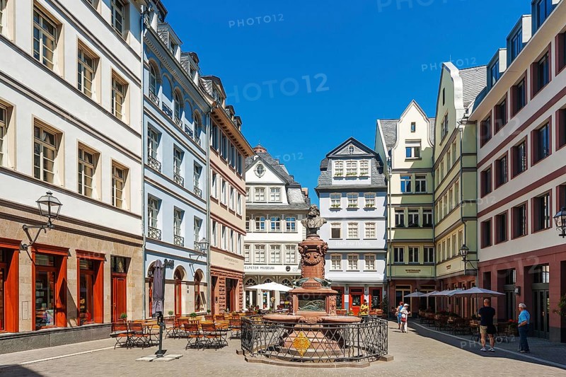Frankfurt am Main, Hesse, Germany, New Old Town, Hühnermarkt with Stoltze Fountain, Frankfurt am Main, Hesse, Federal Republic of Germany, Europe