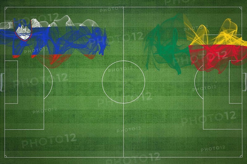 Slovenia vs Benin Soccer Match, national colors, national flags, soccer field, football game, Competition concept, Copy space