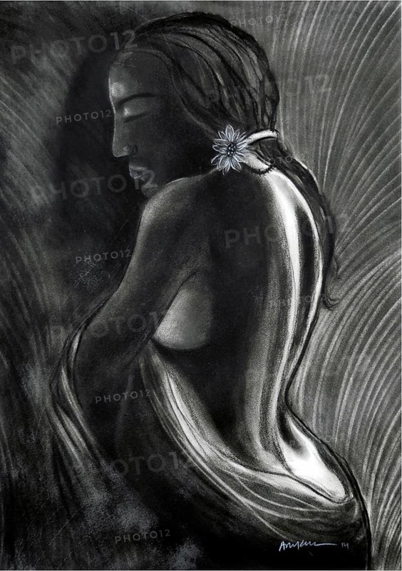 Nude woman charcoal drawing on paper, mumbai, maharashtra, india, asia