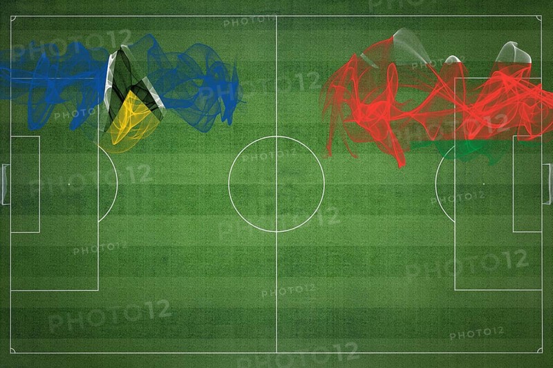 Saint Lucia vs Oman Soccer Match, national colors, national flags, soccer field, football game, Competition concept, Copy space