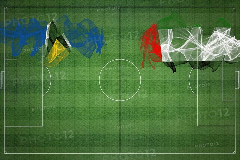 Saint Lucia vs United Arab Emirates Soccer Match, national colors, national flags, soccer field, football game, Competition concept, Copy space