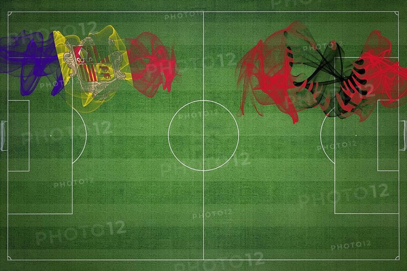 Andorra vs Albania Soccer Match, national colors, national flags, soccer field, football game, Competition concept, Copy space