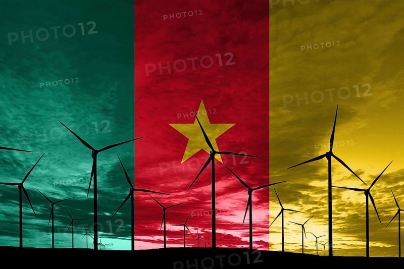 Cameroon flag wind farm at sunset, sustainable development, renewable energy Wind Turbines