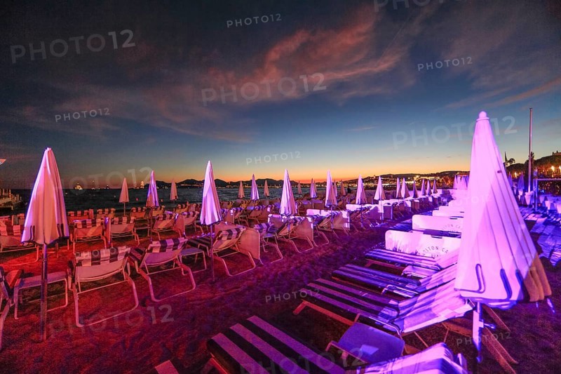 Carlton Beach Club of the Carlton Hotel on the Croisette at sunset, Cannes, Alpes-Maritimes department, Provence-Alpes-Cote d'Azur region, France, Mediterranean Sea, Europe