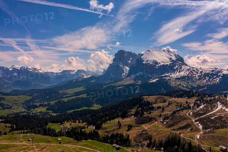 Panoramic view from the Seiser Alm to the Dolomites in Italy, drone shot