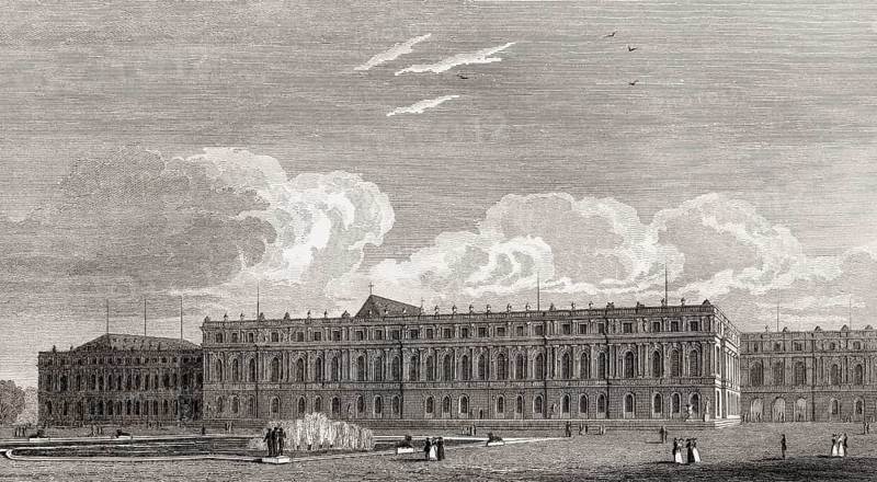 The Palace of Versailles, near Paris, antique steel engraved print, 1831