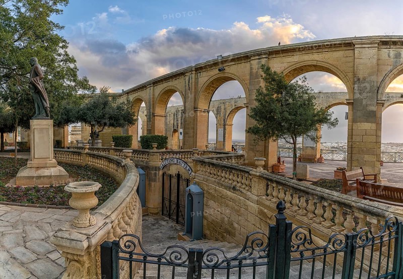 Valletta, Malta, 23 December, 2023: view of the Saluting Battery and the arches of Upper Barrakka gardens in downtwon Valletta, Europe