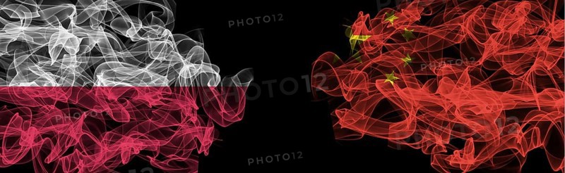 Flags of Poland and China on Black background, Poland vs China Smoke Flags
