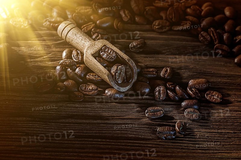 Coffee beans in scoop on vintage wooden board