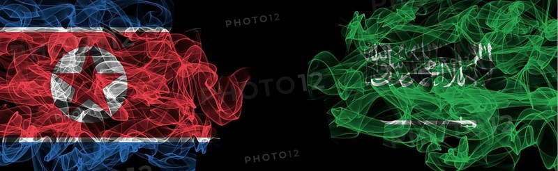 Flags of North Korea and Saudi Arabia on Black background, North Korea vs Saudi Arabia Smoke Flags