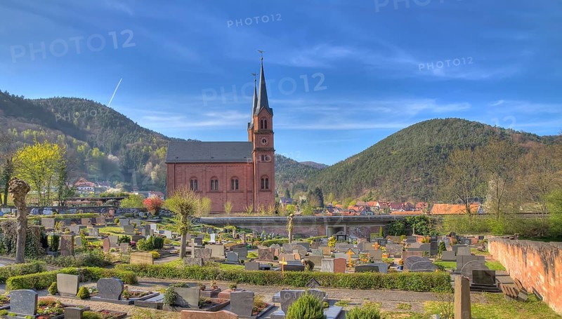 Graveyard with Church in Pfalz, Germany, Europe