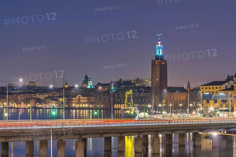 Stockholm Sweden, night city skyline at Stockholm City Hall and Gamla Stan