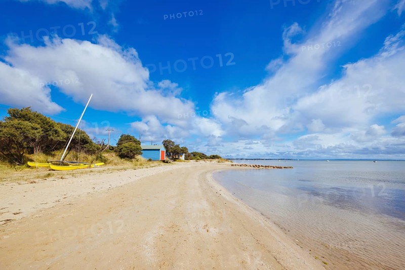 Views from Port Phillip Bay at Tyrone Foreshore Reserve on a warm sunny autumn day in the Mornington Peninsula in Melbourne, Victoria, Australia, Oceania