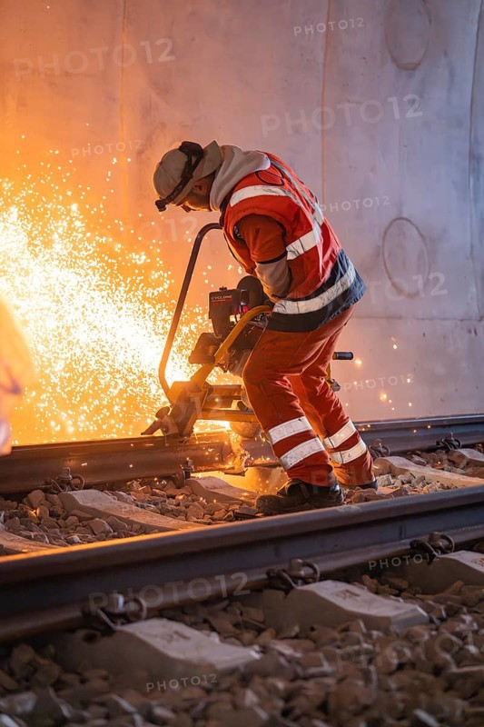 Construction worker grinding rails in a tunnel, sparks flying, rail welding, track construction Hermann Hessebahn, Calw, Black Forest, Germany, Europe