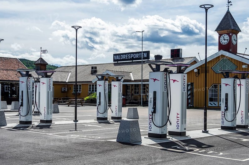 Valdresporten gas and charging station, multiple electric charging stations, Valdres, Norway, Europe