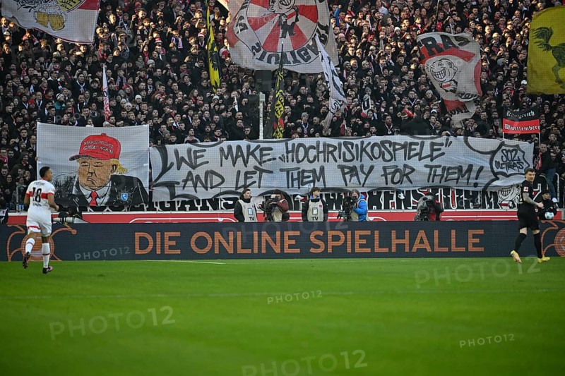 Banner, banner, poster, banner, protest with Donald Trump caricature against the judgement of the Federal Constitutional Court on the assumption of costs for high-risk matches by the club or the DFL, MHPArena, MHP Arena Stuttgart, Baden-Württemberg, Germany, Europe