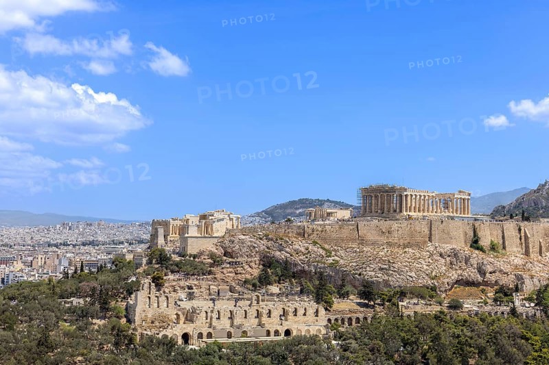 Ancient landmark citadel Acropolis of Athens seen from the Hill of the Muses, Philopappos Hill