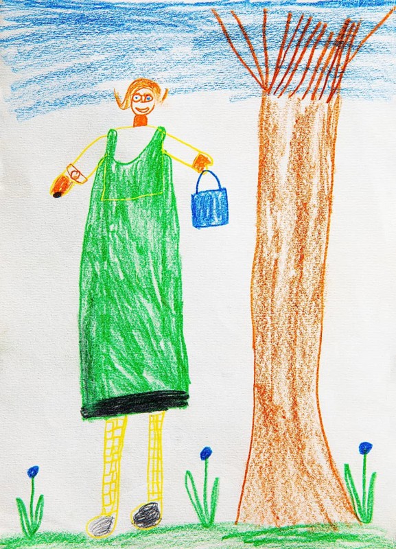 Naive illustration, children's drawing, girl standing on a flower meadow next to a tree