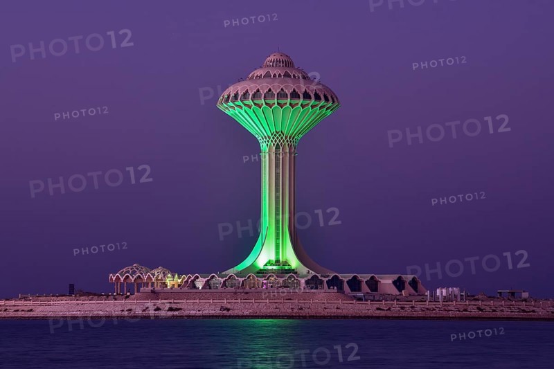 Illuminated water tower on the Corniche, blue hour, blue hour, Al Khobar, Ash Sharqiyah province, Persian Gulf, Saudi Arabia, Asia
