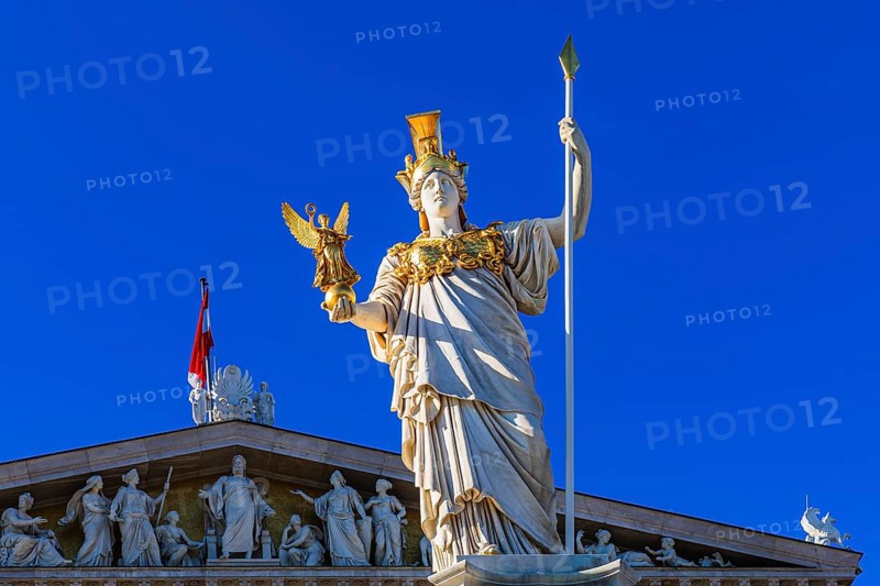Pallas-Athena Fountain, The goddess of wisdom, holding a spear in her left hand, the goddess of victory Nike in her right hand, behind her the building of the parliament, Vienna, Austria, Europe