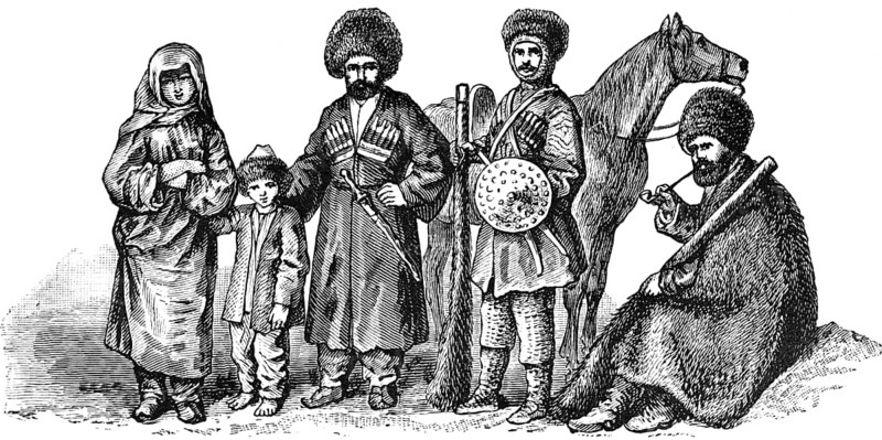 Portrait of a group of Caucasians with men, woman and child, inhabitants of the Caucasus region, habitat Caucasia in the states of Russia, Georgia, Azerbaijan, Armenia and Turkey, traditional clothing, long coat, fur hat, weapons, sword, shield, geography, historical illustration 1888, Asia