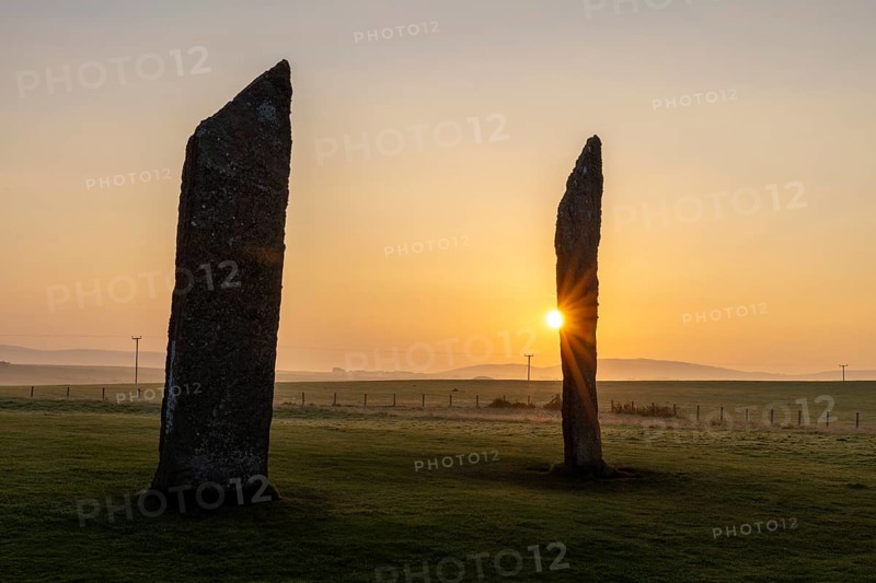 Stones of Stenness Circle and Henge at sunrise, stone circle and henge, Neolithic monument, UNESCO World Heritage Site, Mainland, Orkney Island, Scotland, Great Britain