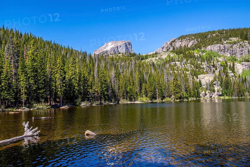 At the Bear lake in the National Park Rocky Mountains with blue sky in summertime, landscape format. At the Bear lake in the National Park Rocky Mountains with blue sky in summertime